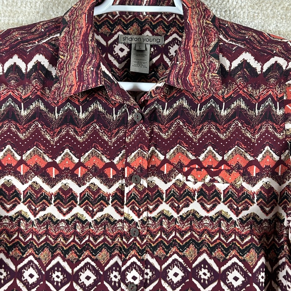 Sharon Young Womens Boho Western Geometric Chevron Button Down Shirt Burgundy L